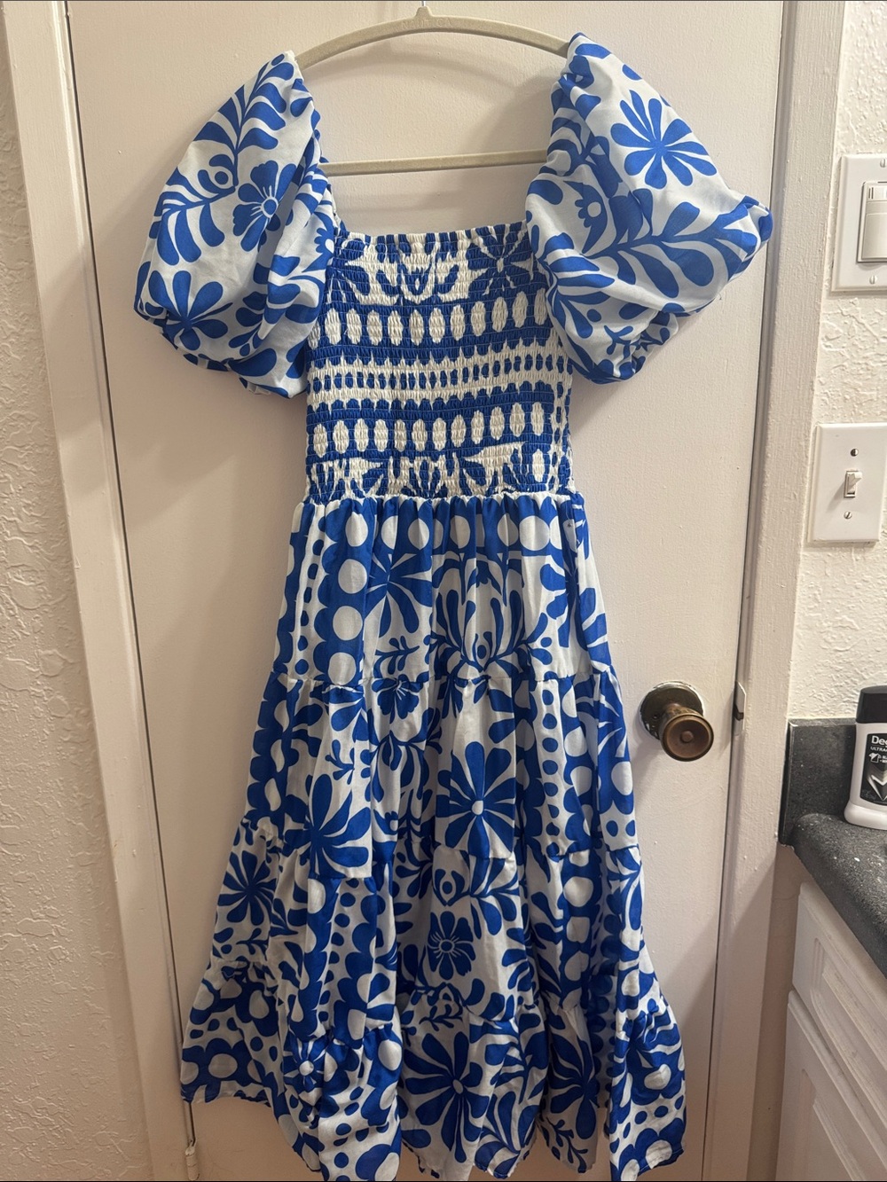 Francesca's Blue and White Floral Smocked Dress